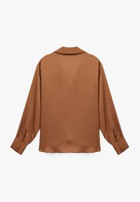 Blusa marrón de manga larga, hecha de una tela ligera y suave. Presenta un cuello clásico y puños abotonados, con un diseño de espalda sin adornos.