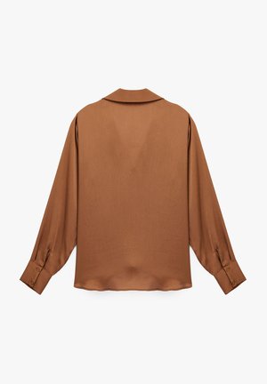 Blusa marrón de manga larga, hecha de una tela ligera y suave. Presenta un cuello clásico y puños abotonados, con un diseño de espalda sin adornos.