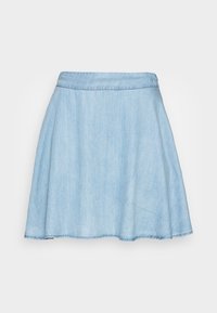 Hellblauer Jeansrock mit ausgestelltem Design, einem Taillenbund und ausgefranstem Saum. Hergestellt aus weichem, strukturiertem Stoff, der sich für legere Kleidung eignet.