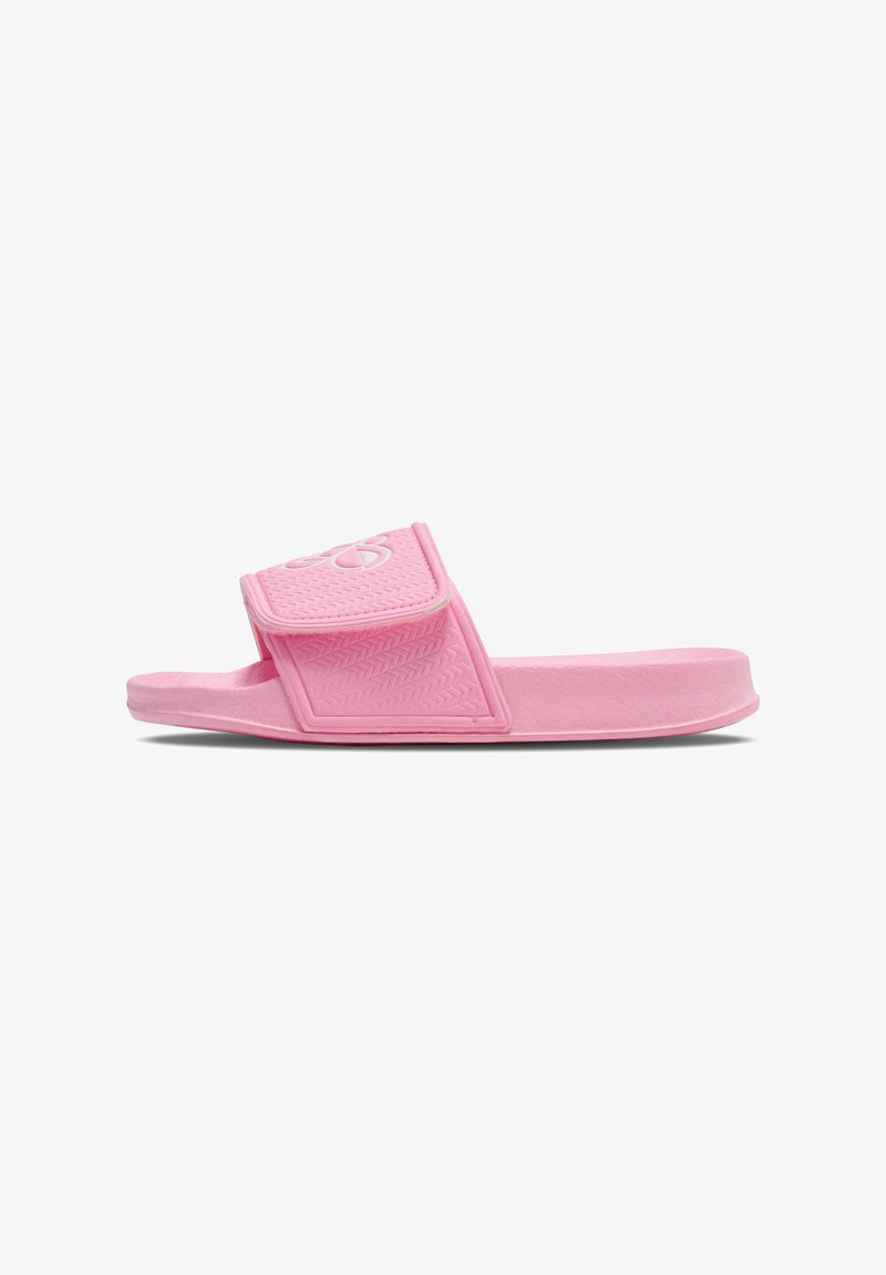 Pink rubber slide sandal featuring a textured strap, adjustable velcro closure, and a gripped sole for traction.