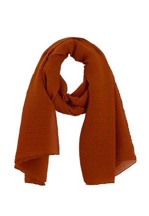 Bufanda acanalada de color óxido con un sutil brillo metálico, ligeramente enrollada sobre un fondo blanco.