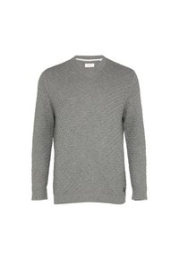 Szary sweter wykonany z teksturowanej tkaniny, z wzorem w diamenty, okrągłym dekoltem oraz ribbowymi mankietami i dolną krawędzią. Prosty i nowoczesny design.