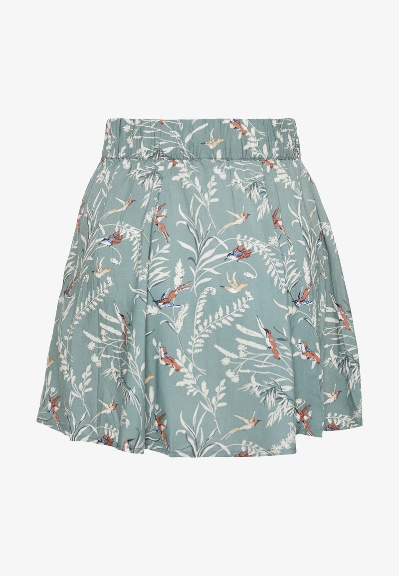 Jupe à imprimé floral en tissu bleu-vert avec une taille élastique froncée, ornée de feuilles blanches et d'oiseaux colorés sur toute la surface. Design évasé.