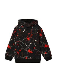 Schwarze Kapuzensweatjacke aus Stoff mit rot-weißen und beige marmorierten Mustern. Verfügt über eine entspannte Passform sowie gerippte Bündchen und Saum.