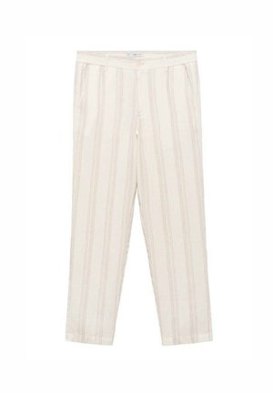 Pantaloni color crema con strisce verticali marroni chiari, realizzati in un tessuto dalla consistenza morbida, dotati di chiusura frontale con bottone e tasche.
