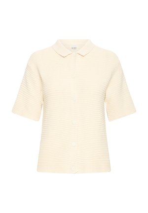 Kreemivärvi lühikeste varrukatega tekstureeritud kudumikaelusega kardigan, millel on ees nööbid.