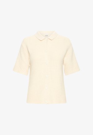 Světle krémový krátký rukáv pletený kardigán s límcem a předním zapínáním na knoflíky.