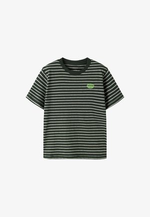 Zielono-szaro paskowana koszulka z krótkim rękawem, okrągłym dekoltem i małym zielonym logiem globu na piersi. Miękki materiał o luźnym kroju.