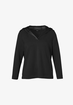 Zwarte lange mouw hoodie met een V-hals en satijnen accenten op de capuchon. Zachte stof met een relaxed fit. Geen zichtbare patronen of hardware.