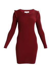 Vestito a maniche lunghe a costine in bordeaux con dettagli a volant sulle spalle. Forma aderente e texture morbida, progettato per una vestibilità attillata.