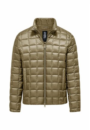 Olivgrüne gesteppte Daunenjacke mit Stehkragen und durchgehendem Reißverschluss. Verfügt über eine glatte, glänzende Oberfläche und quadratische Muster.