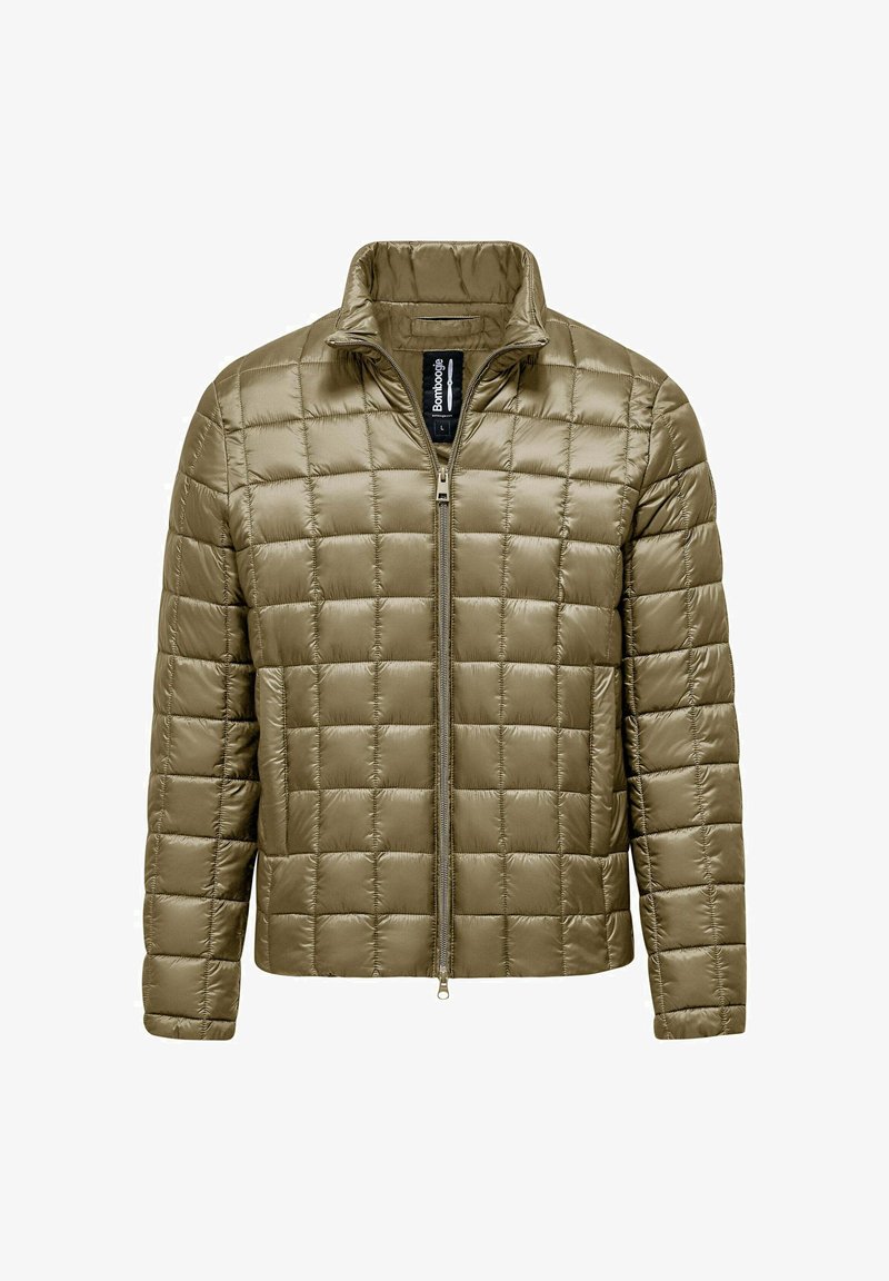 Oliwkowa pikowana kurtka puchowa z podniesionym kołnierzem i pełnym zamkiem błyskawicznym. Charakteryzuje się gładkim, błyszczącym wykończeniem oraz kwadratowymi wzorami w całej powierzchni.