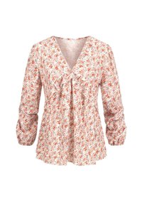Blusa floreale con scollatura a V, fronte arricciato e maniche lunghe ampie. Realizzata in un tessuto leggero dai colori pastello con stampe arancioni e blu.