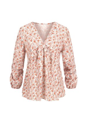Blusa floreale con scollatura a V, fronte arricciato e maniche lunghe ampie. Realizzata in un tessuto leggero dai colori pastello con stampe arancioni e blu.