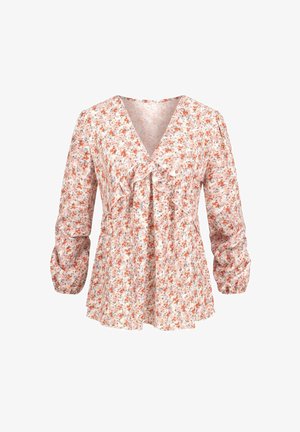 Bluză florală cu decolteu în V, cu volane în față și mâneci lungi vaporoase. Este realizată dintr-un material ușor, în culori pastelate, cu imprimeuri portocalii și albastre.