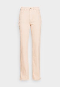 Jeans de ganga rosa claro com corte direito, cinco bolsos e um fecho de botão único na cintura. Textura suave e design clássico.