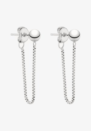 Silberne Ohrstecker mit einem runden Kopf und einer hängenden Kettendetail. Sie verfügen über eine glatte, polierte Oberfläche und ein längliches, rechteckiges Glieder-Muster.