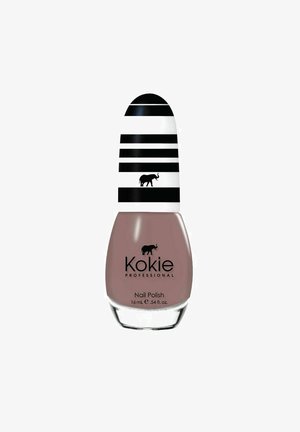 Kynsilakkapullo, jossa on malva väri, mustavalkoraidallinen kansi, jossa on elefanttilogolla ja "Kokie Professional" -brändäys.