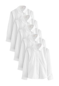 Chemises blanches à col avec manches longues empilées en cinq couches, présentant des boutons sur le devant et une couture soignée, fabriquées dans un tissu lisse.