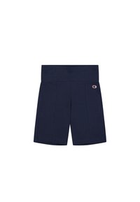 Shorts de sport bleu marine avec une large taille, un tissu texturé et des plis à l'avant. Présente un petit logo brodé sur le côté.