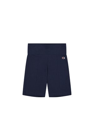 Navyblaue Sportshorts mit breitem Bund, strukturiertem Stoff und frontalen Falten. Verfügt über ein kleines, gesticktes Logo an der Seite.