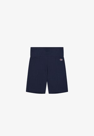 Pantalones cortos deportivos de color azul marino con una cinturilla ancha, tejido texturizado y pliegues delanteros. Presenta un pequeño logo bordado en el lateral.