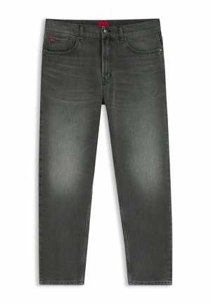 Grå denimjeans med rak benform, med en röd märkesetikett, fem fickor och subtil blekning. Metallknappstängning i midjan.