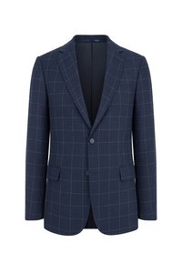 Granatowy żakiet wykonany z fakturowanej tkaniny, z szarym wzorem w kratę, dwoma guzikami i dwoma przednimi kieszeniami. Dopasowany krój z klapami wyciętymi.