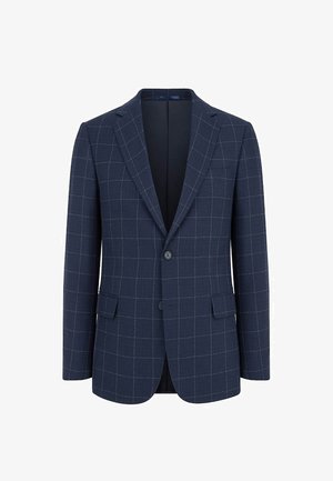 Granatowy żakiet wykonany z fakturowanej tkaniny, z szarym wzorem w kratę, dwoma guzikami i dwoma przednimi kieszeniami. Dopasowany krój z klapami wyciętymi.