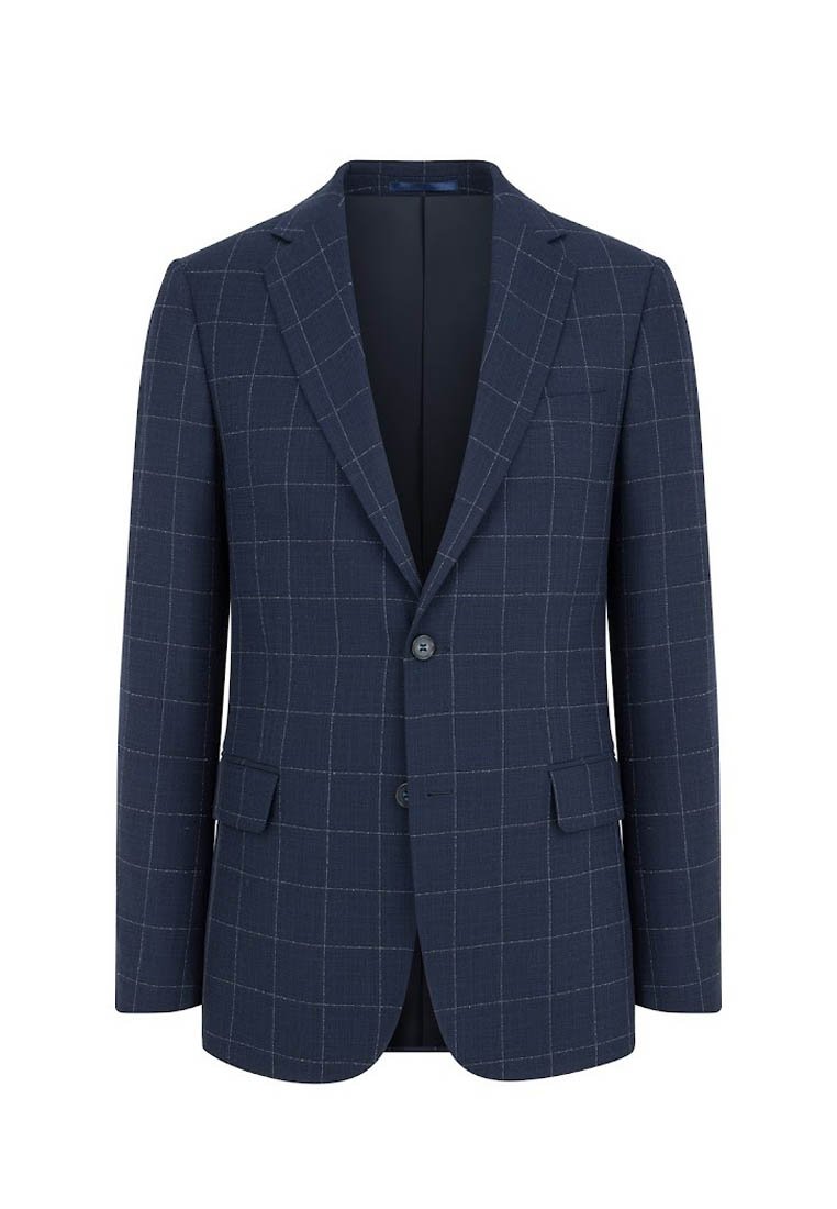 Granatowy żakiet wykonany z fakturowanej tkaniny, z szarym wzorem w kratę, dwoma guzikami i dwoma przednimi kieszeniami. Dopasowany krój z klapami wyciętymi.