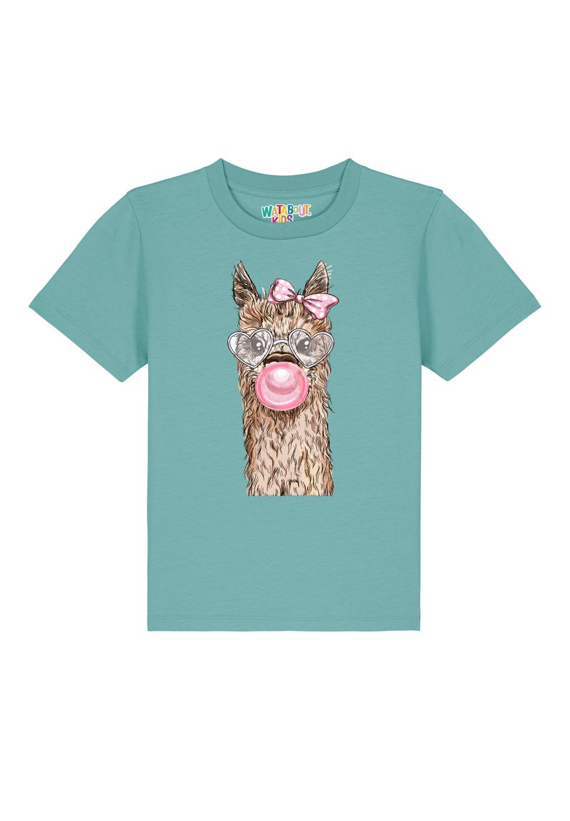 T-shirt turquoise avec une illustration de lama portant des lunettes de soleil en forme de cœur, un bubble gum rose et un nœud rose, en matériau coton doux.