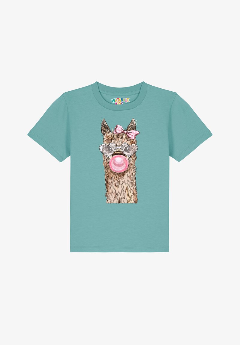 T-shirt turquoise avec une illustration de lama portant des lunettes de soleil en forme de cœur, un bubble gum rose et un nœud rose, en matériau coton doux.