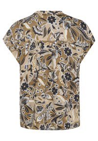 Blusa floreale marrone con maniche corte; presenta intricati motivi a fiori neri e crema, un orlo arrotondato e un design dalla vestibilità comoda.