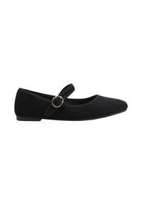 Bailarina de ante negro con punta redonda, tira ajustable y un acento de hebilla circular dorada en el lado. Suela delgada y plana.