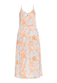 Sininen kukkamekko, jossa on oransseja kukkia, ohuet nauhahihnat ja vartalonmyötäinen yläosa. Materiaali vaikuttaa kevyeltä ja siinä on hulmuava helma.