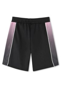 Juodi sportiniai šortai su vientisu dizainu, kuriuose yra gradientinės rožinės spalvos tinklelio panelės šonuose ir baltos apdailos siūlėse.