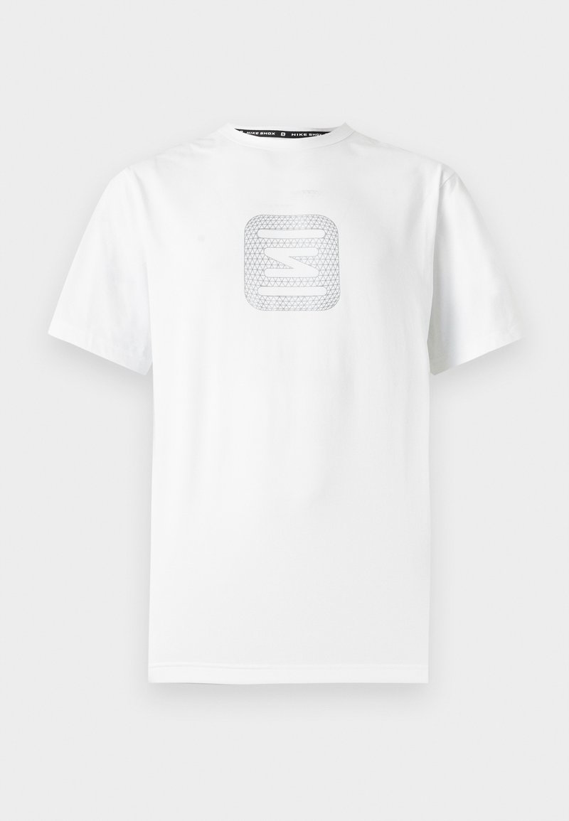 White short-sleeve T-shirt with a geometric patterned square logo centered on the chest.