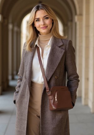 Bolso bandolera de cuero marrón con cierre de cremallera y diseño de acento, combinado con un abrigo gris texturizado de doble botonadura y pantalones beige.