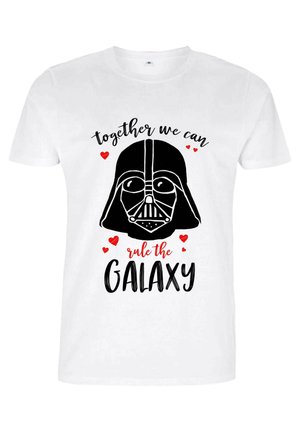 White cotton t-shirt featuring a black Darth Vader mask graphic. Text reads "together we can rule the GALAXY" in black and red, with small hearts.