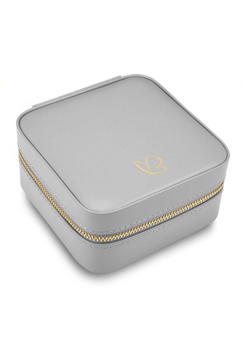 Gray leather jewelry case with a square shape, gold zipper, and embossed butterfly logo on the top. Smooth texture and minimalist design.