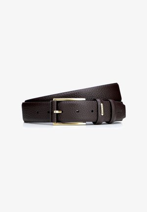 Dark brown textured leather belt with gold rectangular buckle and a small gold brand tag on the loop, coiled on a white background.
