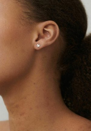 Sievietes auss ar mazu sudraba četrlapiņa āboliņa auskaru, tumši cirtaini mati atpakaļ savākti, un redzama brūna āda uz kakla un vaiga.