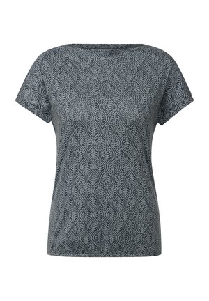 Graues T-Shirt mit kurzen Ärmeln, das ein durchgängiges Blattmuster aufweist; weicher, strukturierter Stoff; Rundhalsausschnitt; lockere Passform.