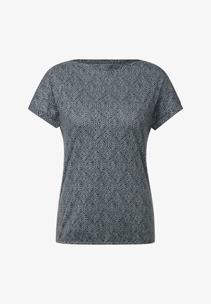 T-shirt grigio a maniche corte con un motivo di foglie su tutta la superficie; tessuto morbido e strutturato; scollo rotondo; vestibilità comoda.