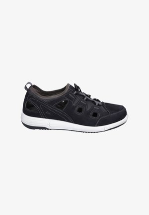 Black suede sneaker with mesh cutouts, gray accents, and white rubber sole. Features lace-up design and textured stitching.