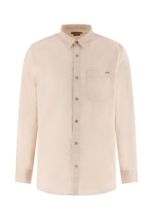 Bež rjava dolga srajca z gumbi, ovratnik in prsni žep, enostaven vzorec ter manšete z gumbi.