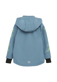 Hellblaue Jacke mit Kapuze, schwarzen Bündchen und neon-grünen grafischen Akzenten an den Ärmeln. Glatte Textur und entspannte Passform.