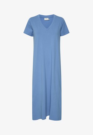 Abito lungo di cotone blu con maniche corte, scollatura a V e taglio morbido. Texture liscia, arriva a metà polpaccio, design minimal.