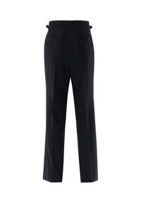 Schwarze formelle Hose mit geraden Beinen, hinteren Taschen mit Knöpfen und seitlichen Verstellriemen am Bund.