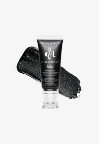 Zwarte tube met een doorzichtige basis, gemarkeerd met "COLORFIX FOILS," die vloeibare glitters bevat. Vergezeld door een zwarte, schitterende pigmentstaal.